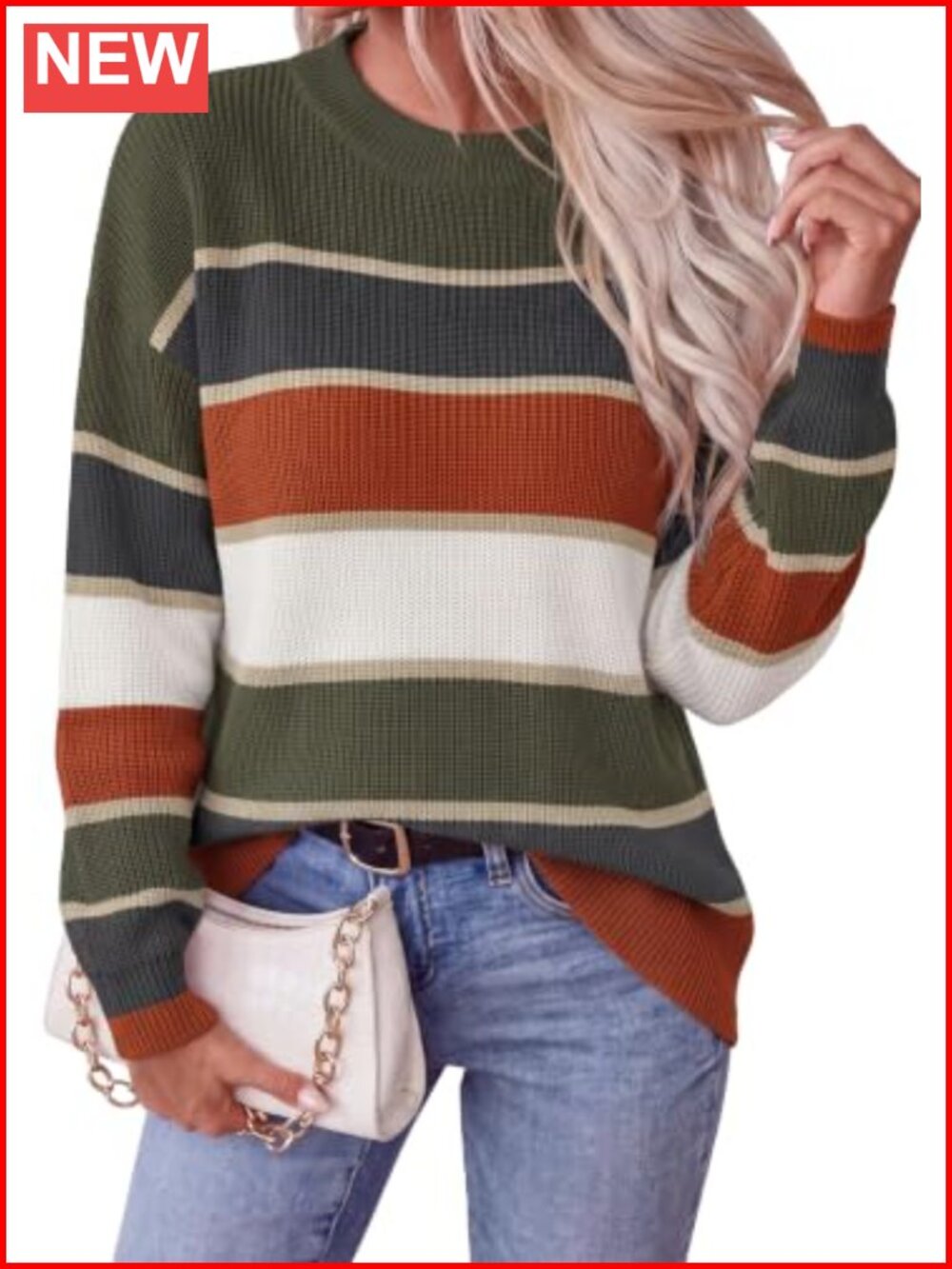Womens Striped Knit Pullover Sweater Loose Fit Crewneck Long Sleeve